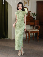 Cap Sleeves Green Bamboo Print chinese  Qipao cheongsam dress