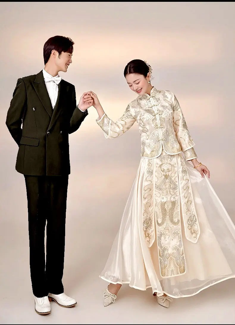 Chinese Bridal Ivory White & Gold-Toned Qun Kwa Dress