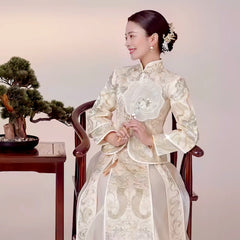 Chinese Bridal Ivory White & Gold-Toned modern Qun Kwa Dress