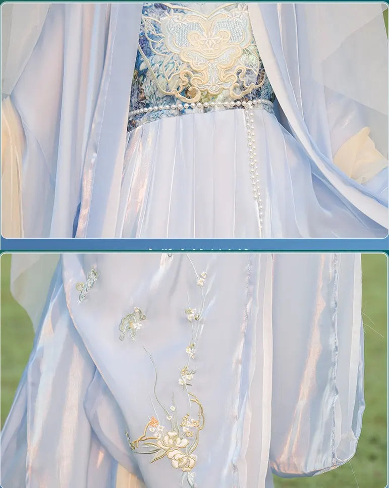 Close-up of a light blue embroidered dress with floral patterns.