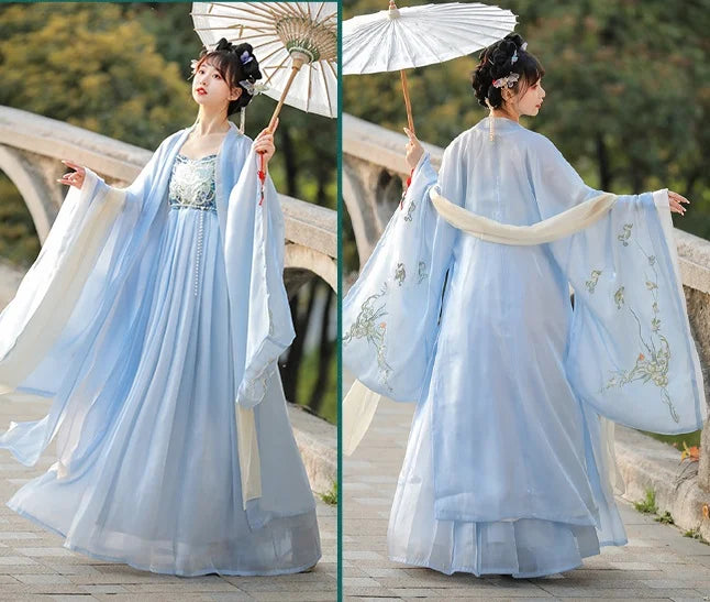Woman in traditional light blue Chinese Tang Dynasty Ruqun Set Hanfu Dress with white parasol on a stone bridge
