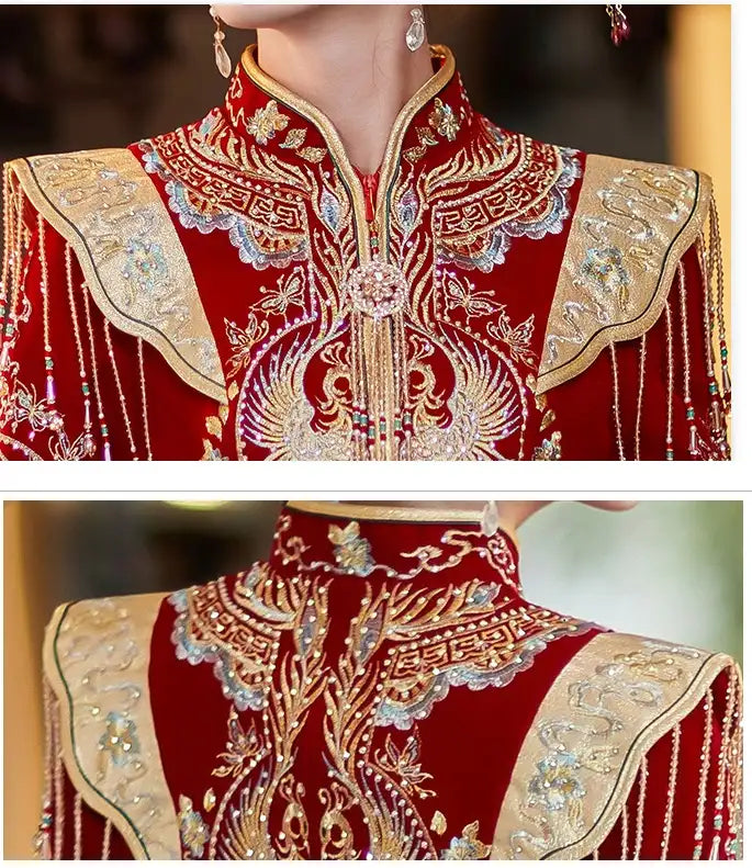 Close-up of a red embroidered garment with gold detailing