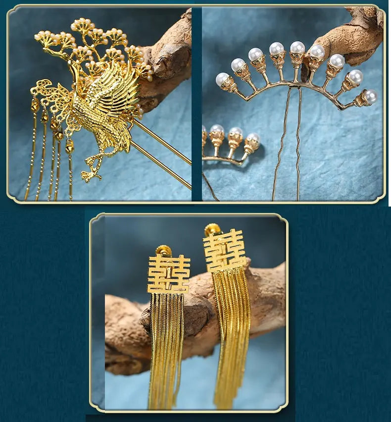 Gold hairpin and earrings on a branch with a blue background