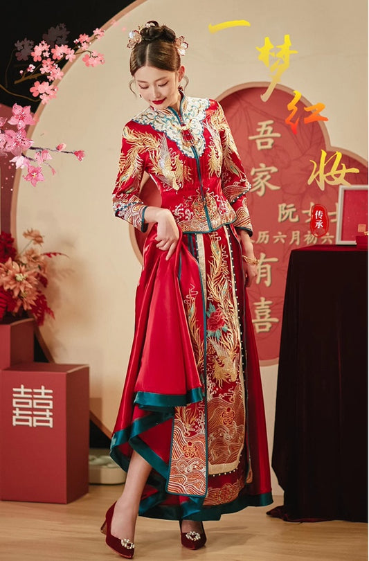 red traditional Chinese Wedding  pheonix Qun Kwa dress