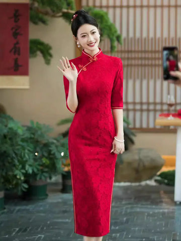 Crimson Red Floral Lace Long Sleeve Wedding Qipao With Gold Trim