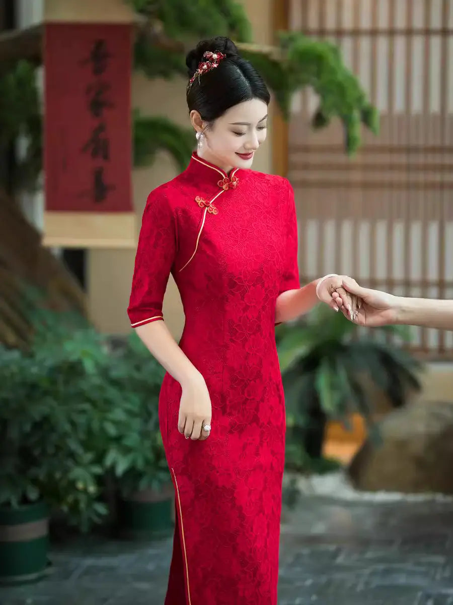 Crimson Red Floral Lace Long Sleeve Wedding Qipao With Gold Trim