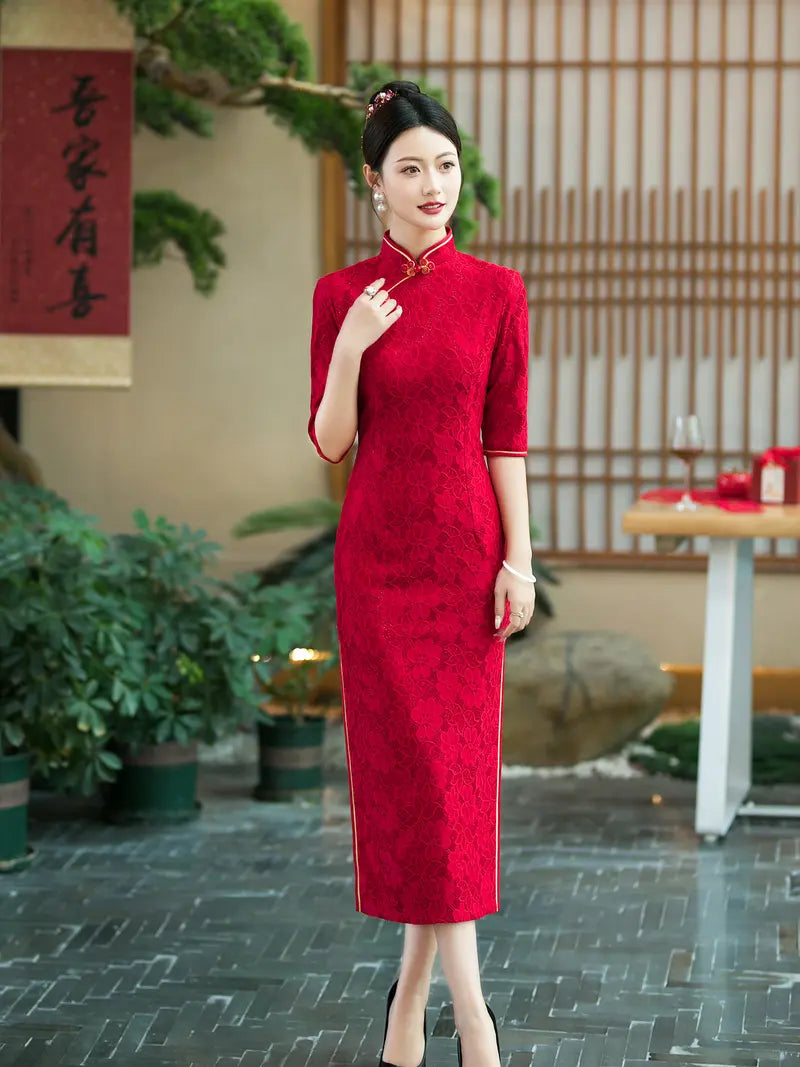 Crimson Red Floral Lace Long Sleeve Wedding Qipao With Gold Trim