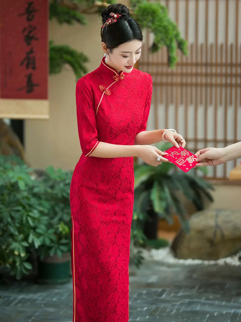 Crimson Red Floral Lace Long Sleeve Wedding Qipao With Gold Trim