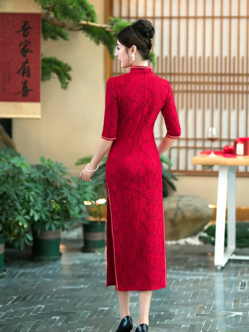 Crimson Red Floral Lace Long Sleeve Wedding Qipao With Gold Trim