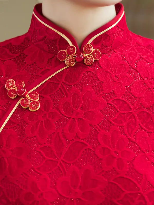 Crimson Red Floral Lace Long Sleeve Wedding Qipao With Gold Trim