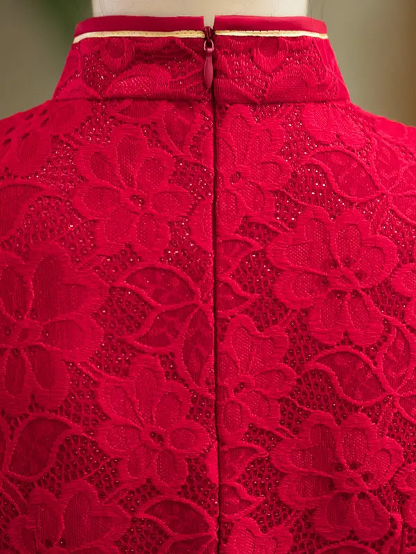 Crimson Red Floral Lace Long Sleeve Wedding Qipao With Gold Trim