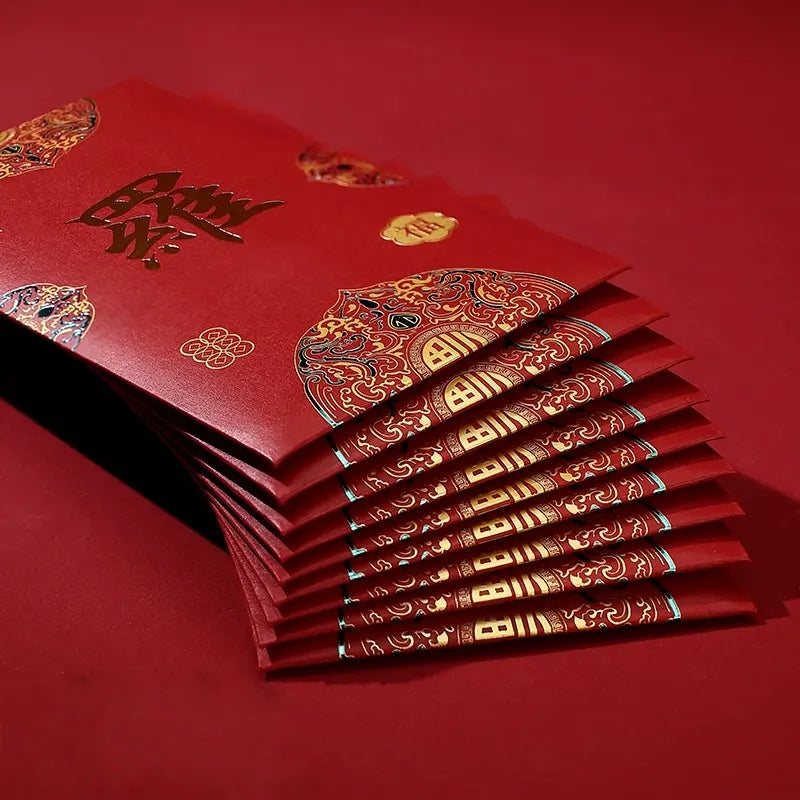 Stack of personalized Chinese  surname Name/Logo Red Envelopes ang pao lai see with gold designs on a red background