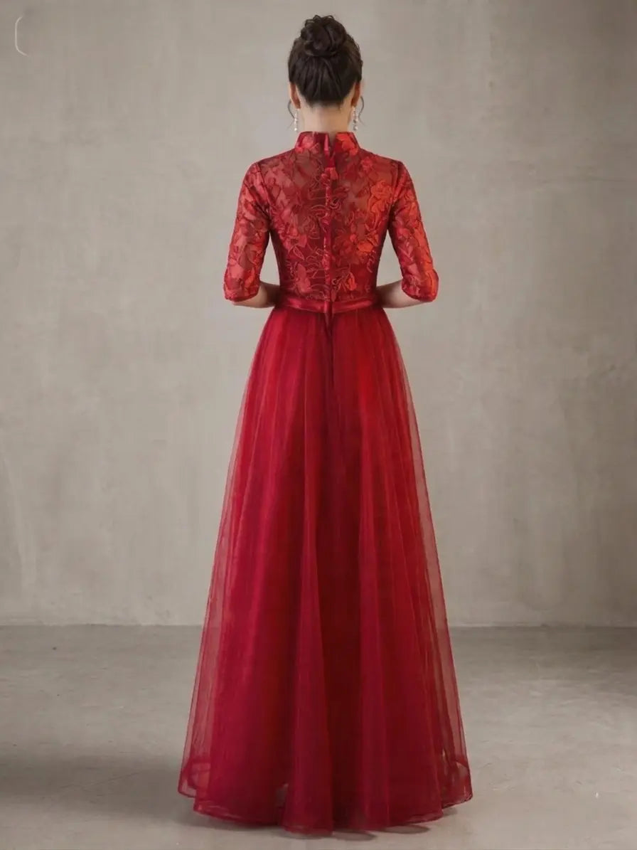 Red Custom Made Lace Tulle Cheongsam/Qipao Dress  with a plain background