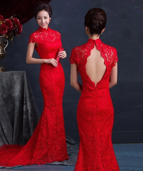 Custom Made  Red Open Back Lace  Cheongsam Qipao With Train