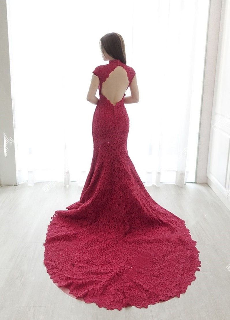 Custom Made Open Back Lace Qipao With Train 