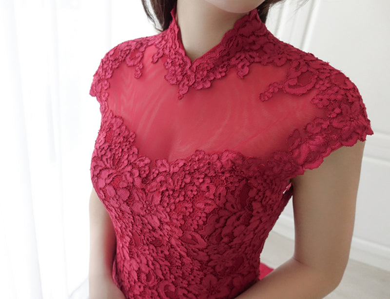 Custom made Open Back Lace cheongsam With Train 