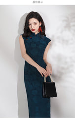Dark Blue Floral sleeveless cheongsam Dress with Red Buttons