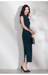 Dark Blue Floral sleeveless long cheongsam Dress with Red Buttons