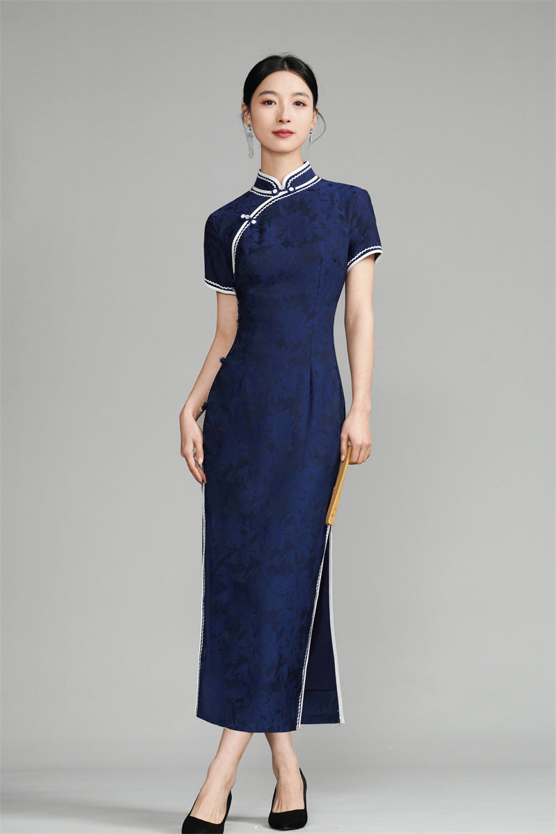 Dark Blue Short Sleeves Floral Jacquard Qipao Dress 