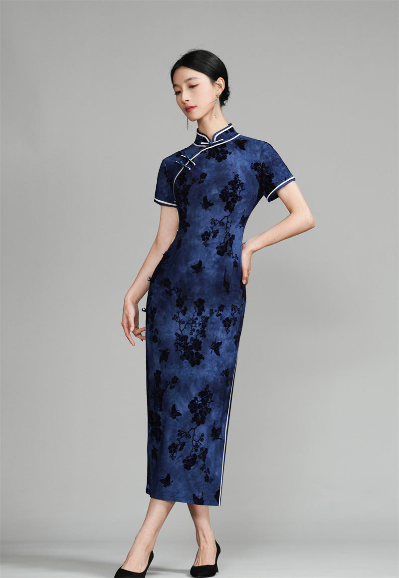 Dark Blue Short Sleeves Floral Velvet Qipao Dress for mum