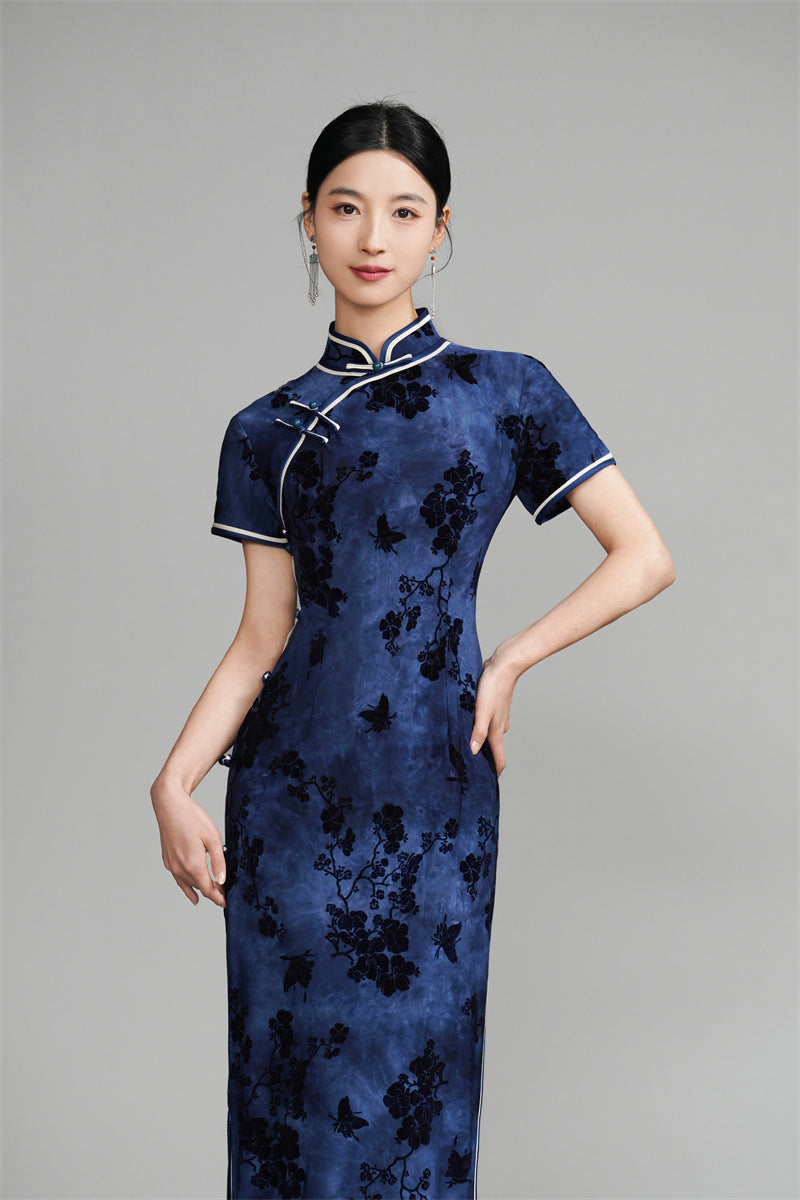  Dark Blue Floral modern cheongsam
