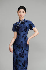  Dark Blue Floral modern cheongsam