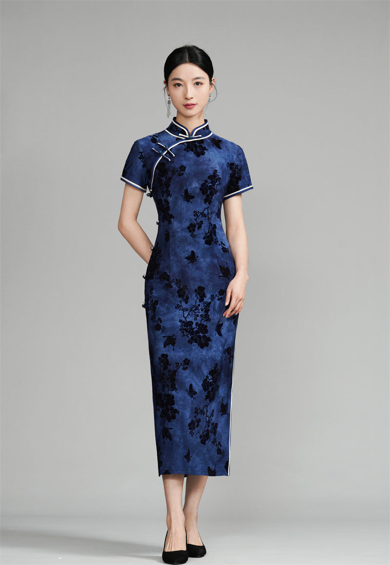 Dark Blue Short Sleeves Floral Velvet bridemaid cheongsam Dress 