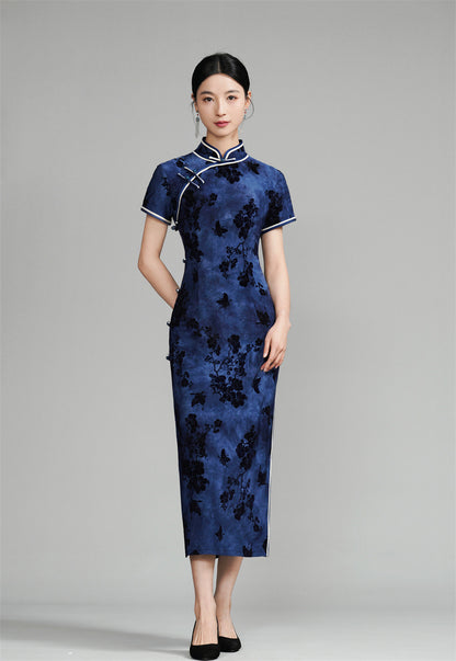 Dark Blue Short Sleeves Floral Velvet bridemaid cheongsam Dress 
