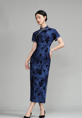 Dark Blue Short Sleeves Floral Velvet Qipao Dress for mum