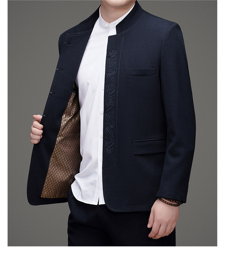 Dark blue Men's Autumn and Winter Chinese Zhongshan  Tang Suit Blazer  with white shirt and black pants on a gray background