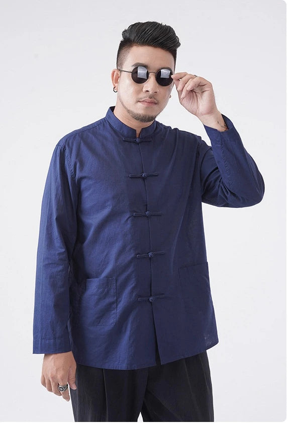  Dark blue Plus-Size Cotton Linen Chinese kongfu Tang  Shirt