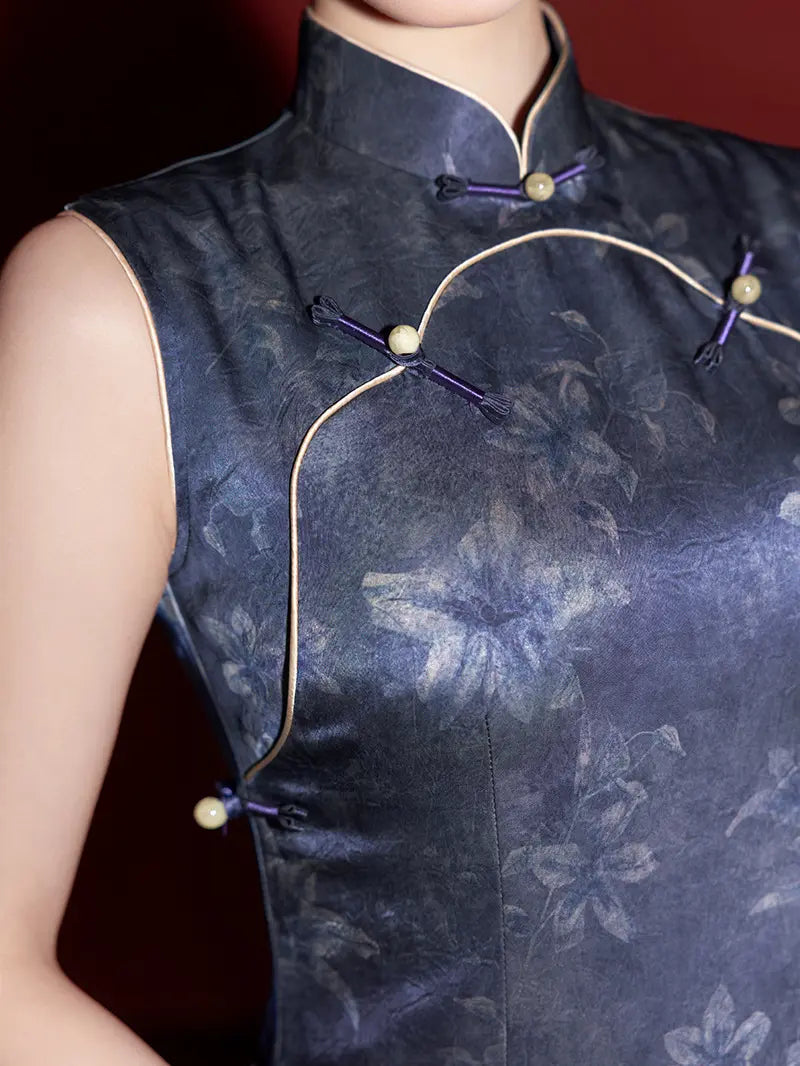 Deep Blue Floral Satin Sleeveless Long Qipao Dress
