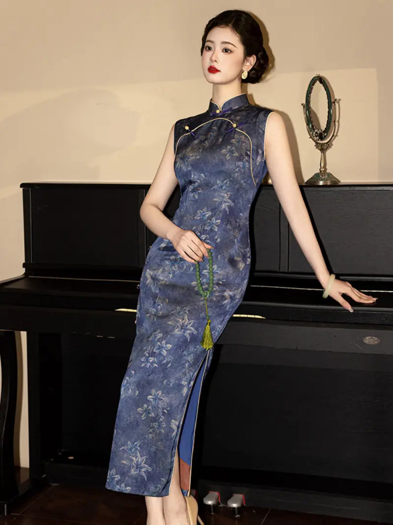 A woman wearing a sleeveless blue floral-patterned cheongsam dress leans against a black piano in an indoor setting.