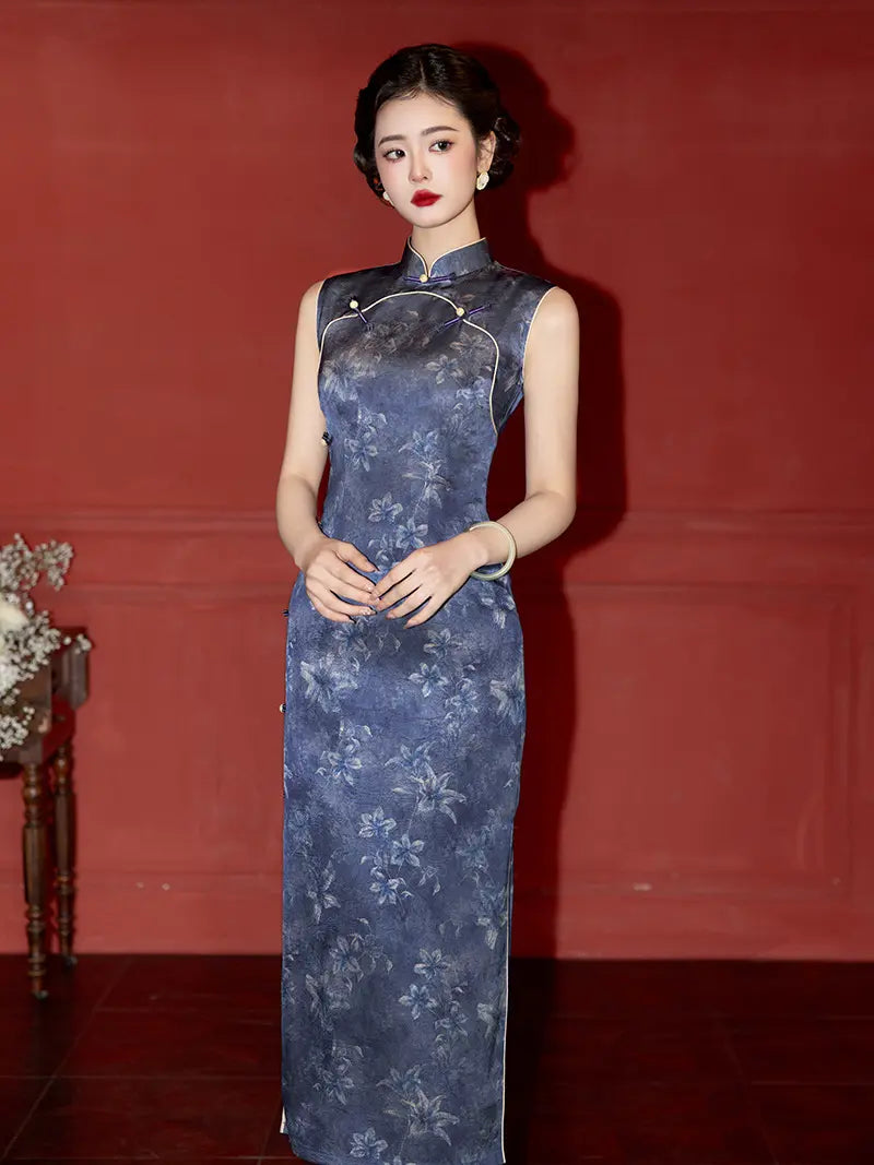 Deep Blue Floral Satin Sleeveless Long Qipao Dress