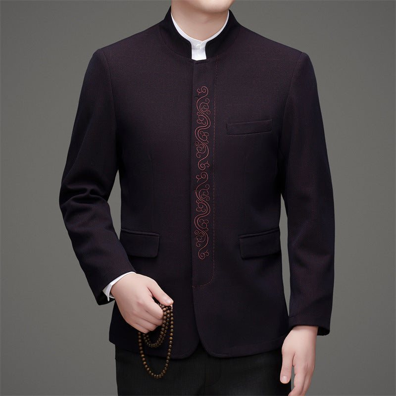 deep burgundy red Men's Autumn and Winter Chinese Zhongshan  Tang Suit Blazer