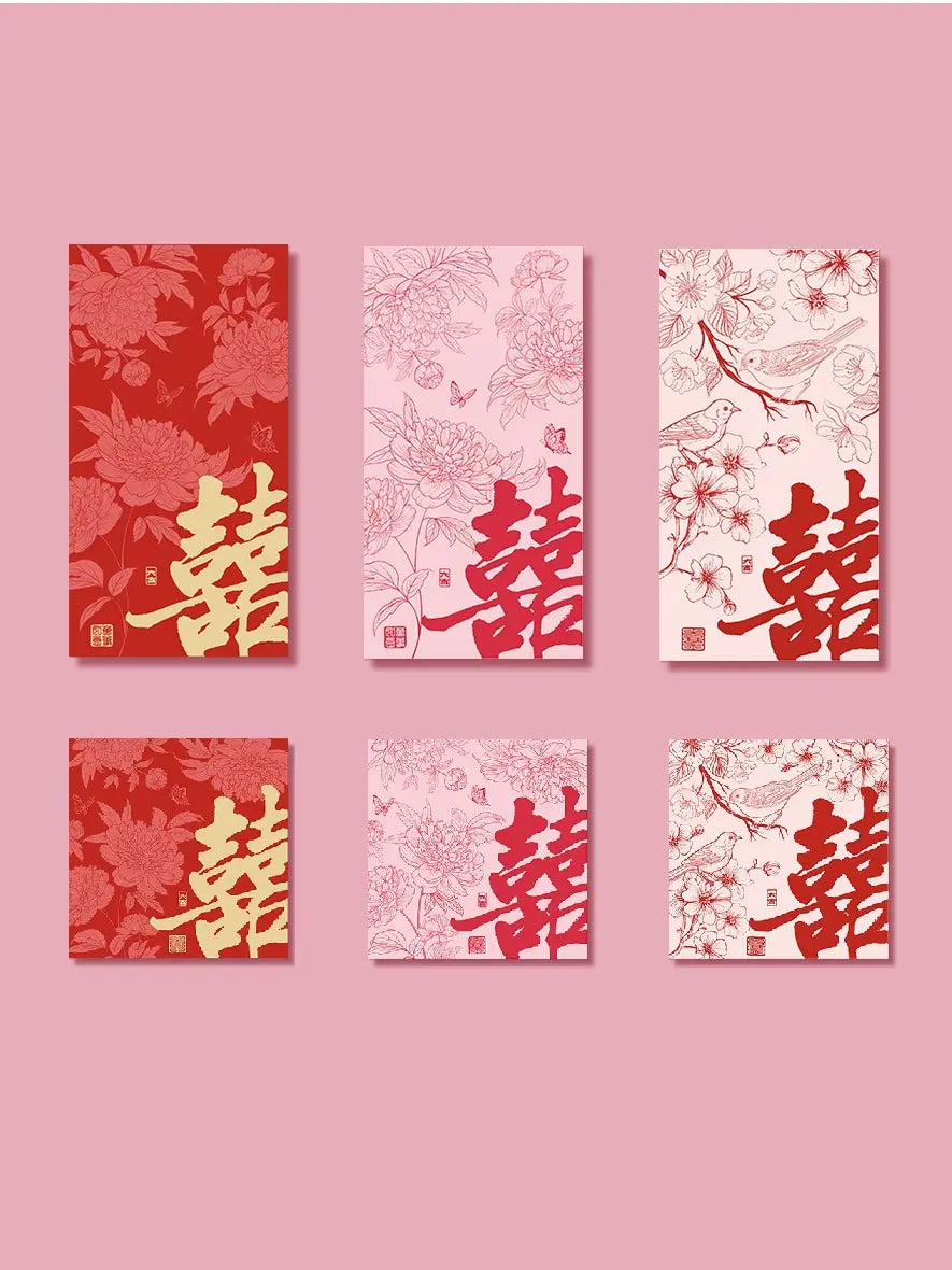 Set of six red and white Double Happinese Chinese Wedding Red Envelopes With Flowers and Birds  with Chinese characters on a pink background
