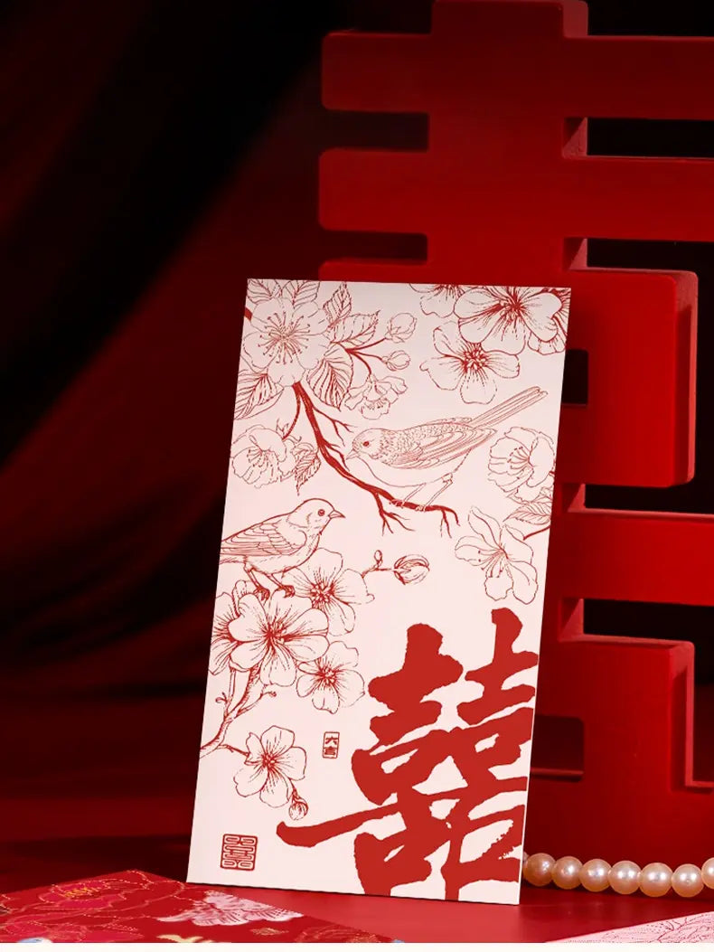 Red and white Double Happinese Chinese Wedding Red Envelopes With Flowers and Birds with floral and bird design on a red background