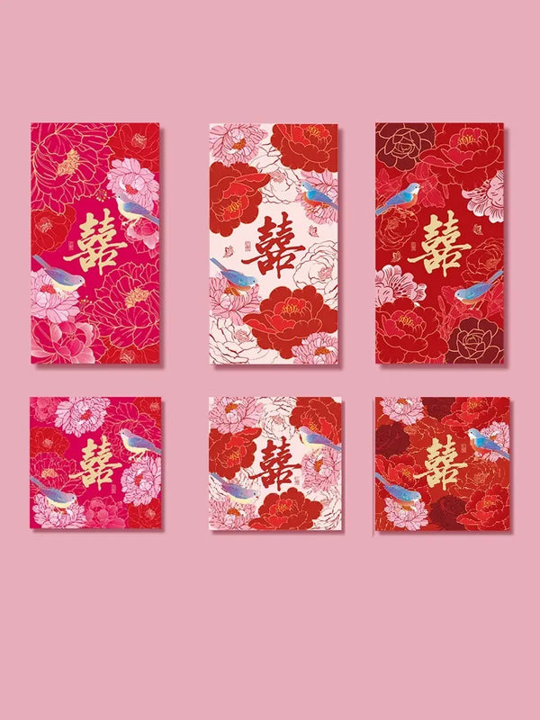 Set of six Double Happinese Floral Chinese Wedding Red Envelopes   with floral and bird designs on a pink background