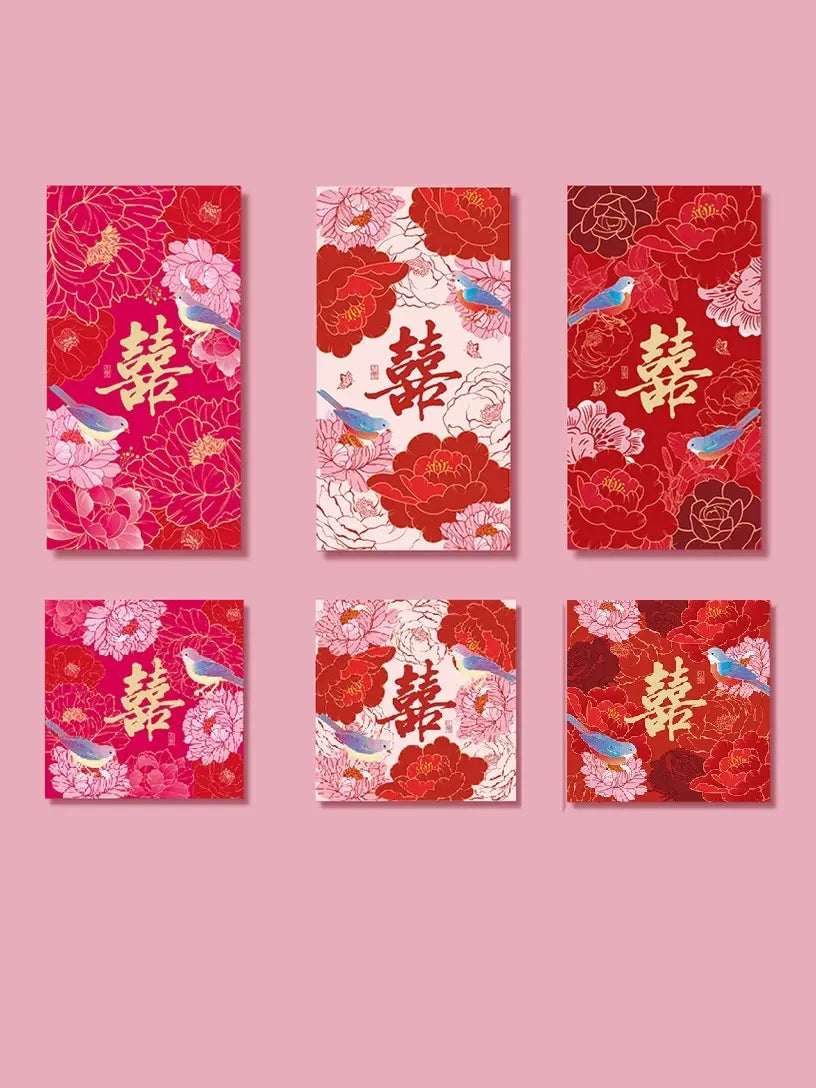 Set of six Double Happinese Floral Chinese Wedding Red Envelopes   with floral and bird designs on a pink background