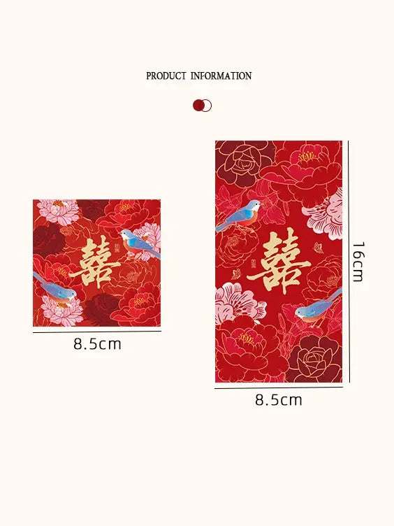 Double Happinese Floral Chinese Wedding Red Envelopes   with floral patterns and text, shown with dimensions on a white background.
