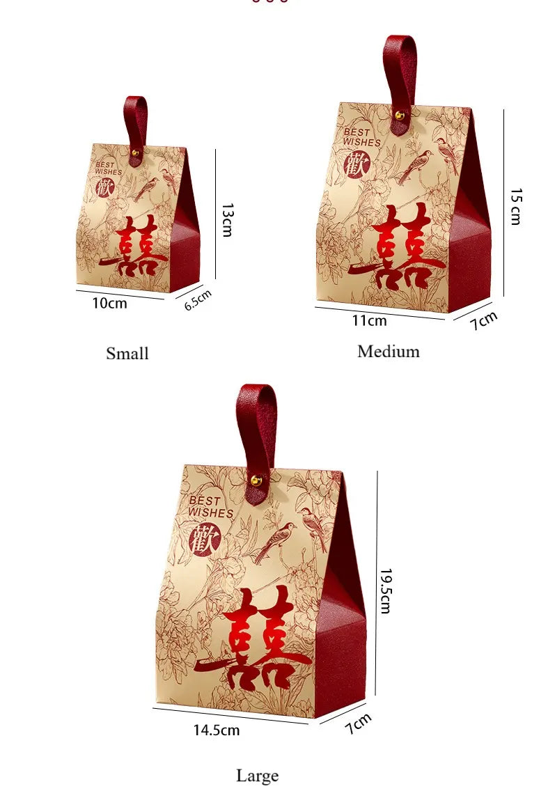 Three sizes of decorative boxes with red ribbons and Chinese characters on a white background