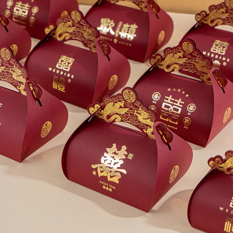Red Dragon & Phoenix Double Happiness Chinese Wedding Favor Boxes  with gold accents and Chinese characters on a light background