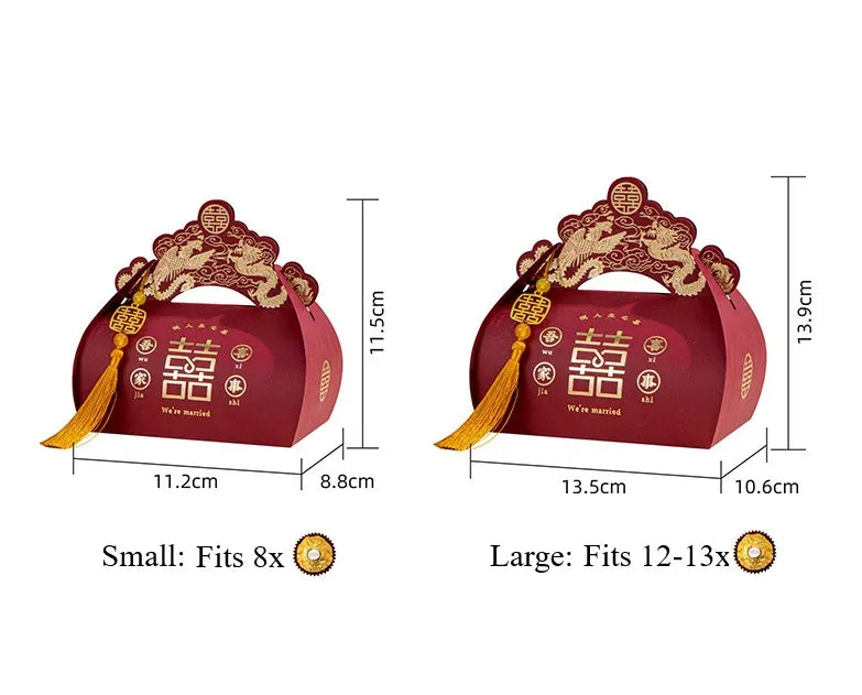 Red Dragon & Phoenix Double Happiness Chinese Wedding Favor  gift box with gold accents and dimensions on a white background