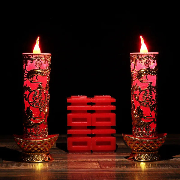 Dragon & Phoenix Double Happiness Electric LED Candles for chinese wedding