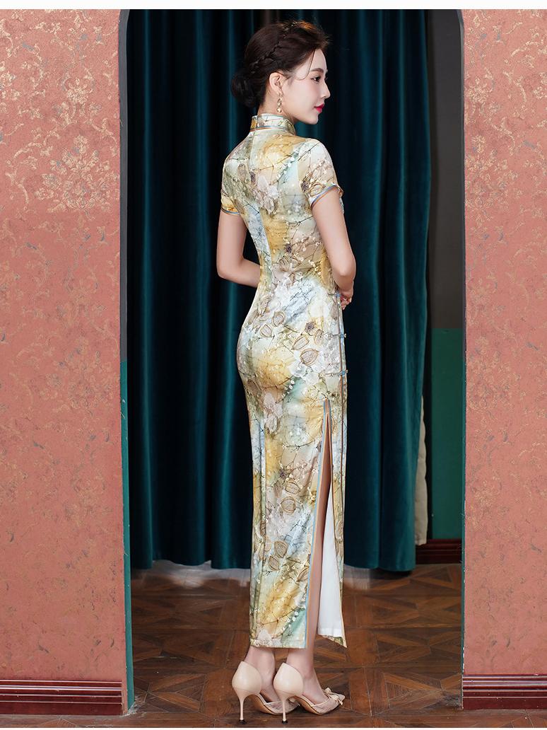 Woman wearing a Elegant Floral Mulberry Silk Qipao Cheongsam Dress dress in an elegant interior setting.