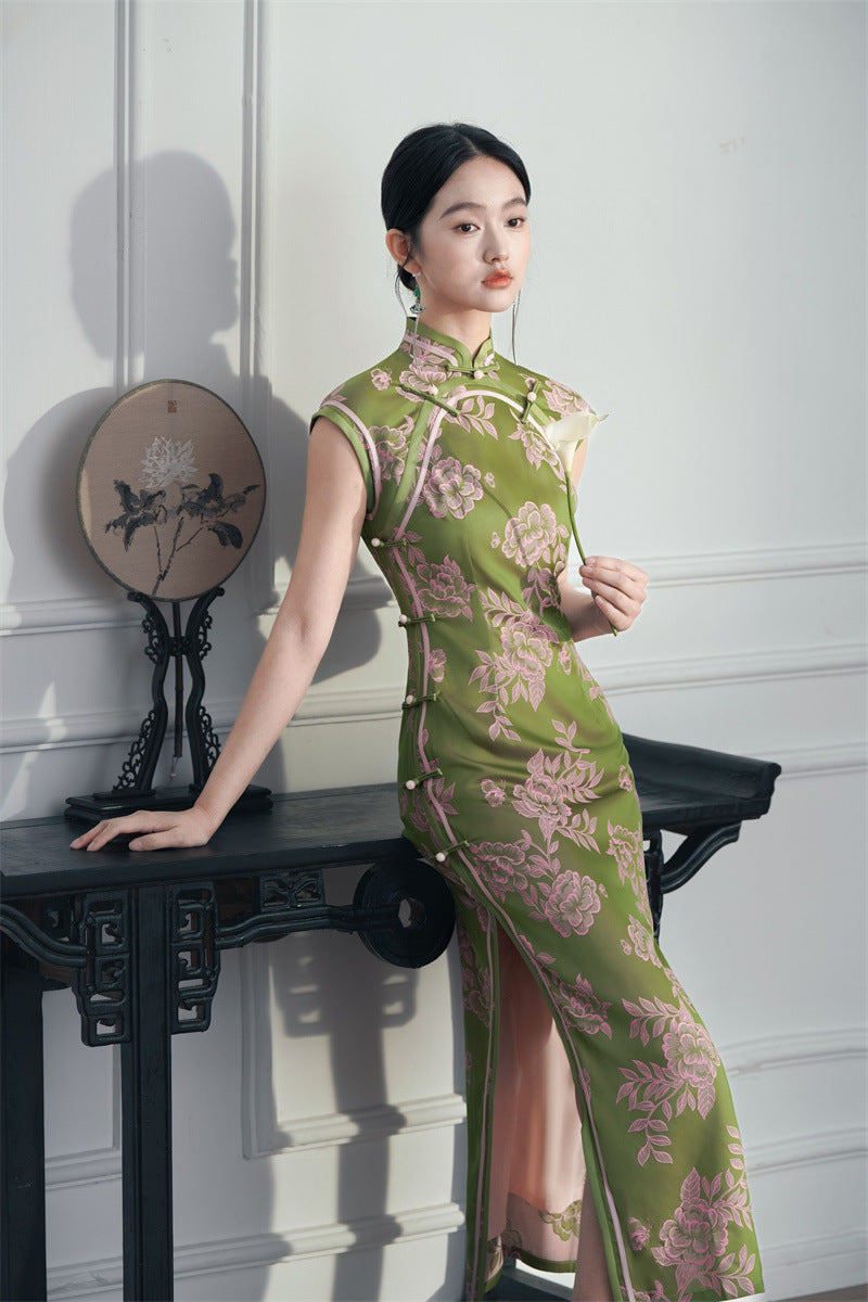 Olive Green Sleeveless Chinese Cheongsam dress