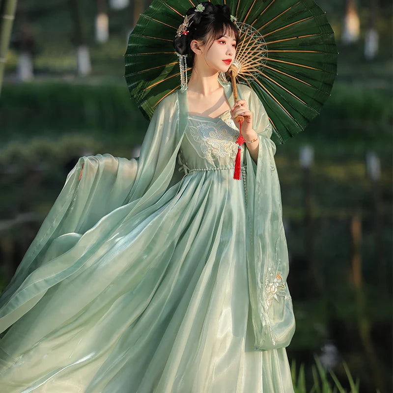 Woman in traditional light green Tang Dynasty Hanfu Dress holding a green parasol in a natural setting