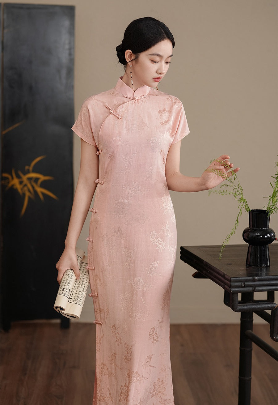 Pink Butterfly Jacquard Qipao, featuring a full-front closure, slim fit, and delicate floral patterns. Perfect for tea ceremonies, formal gatherings, and cultural events.