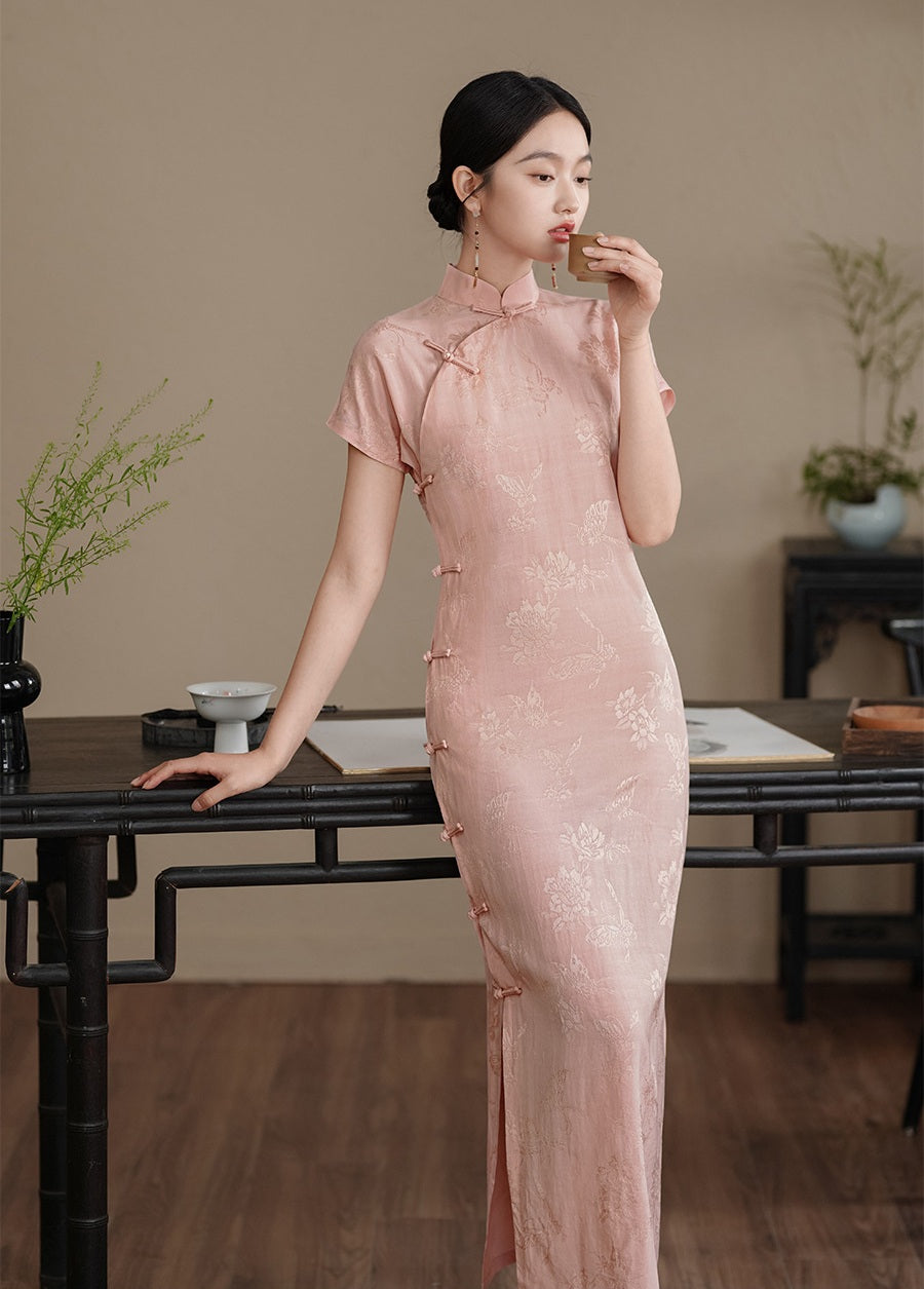 Elegant Pink Butterfly Jacquard Short sleeve cheongsam 
