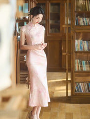 Elegant Pink Cap Sleeves Mermaid Modern Cheongsam
